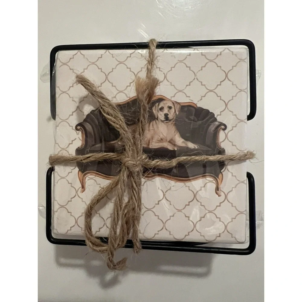 Labrador Dog Coaster‎ Set w Holder Ceramic Quotes Farmhouse Decor